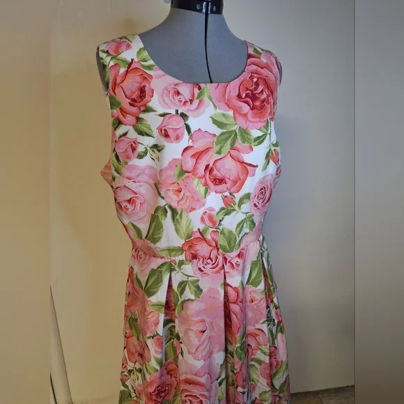 Pink and Green Floral Midi Dress With Satin Lining & Toule In Skirt Size L - Picture 3 of 7